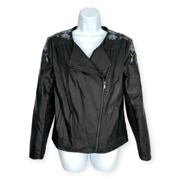 G by Giuliana | Medium | Black Vegan Leather Floral Embroidered Moto Jacket - Picture 2 of 9